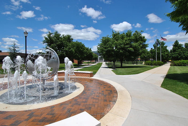 The globe fountain on the campus of Penn State Harrisburg